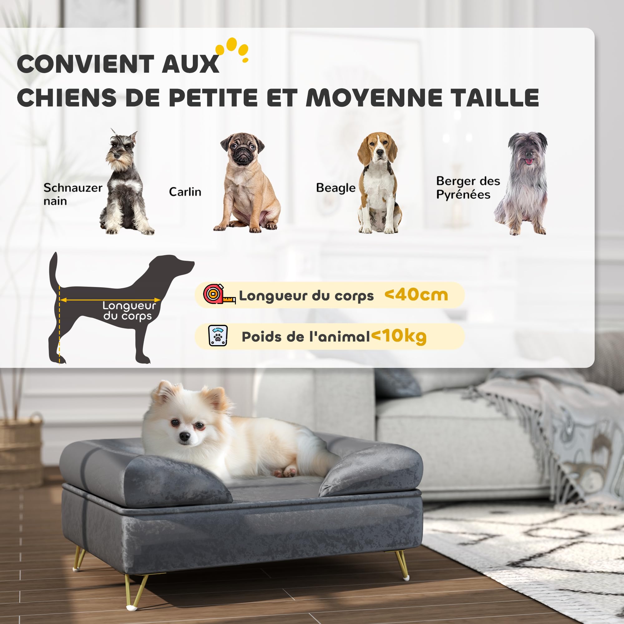 PawHut Canapé pour Chien et Chat, Pieds Métal, Velours, Housse Lavable, 76 x 53,5 x 34 cm, Gris