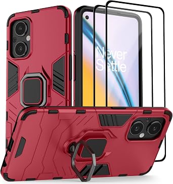 for Oneplus Nord N20 5G Case with Tempered Glass Screen Protector [2pcs], 1+ Nord N20 5G, Full Protective Case with Metal Ring Magnetic Support Kickstand for Oneplus Nord N20 Red