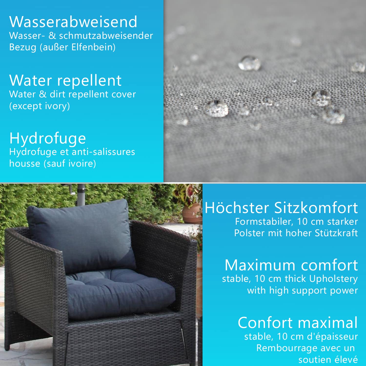 NYVI Loungekissen SmartLounge Set 3X Sitzkissen 60x60 cm und 3X Rückenkissen 60x40 cm Anthrazit - Wasserabweisende Auflagen für Indoor und Outdoor - Stuhlkissen für Rattanmöbel und Gartenmöbel
