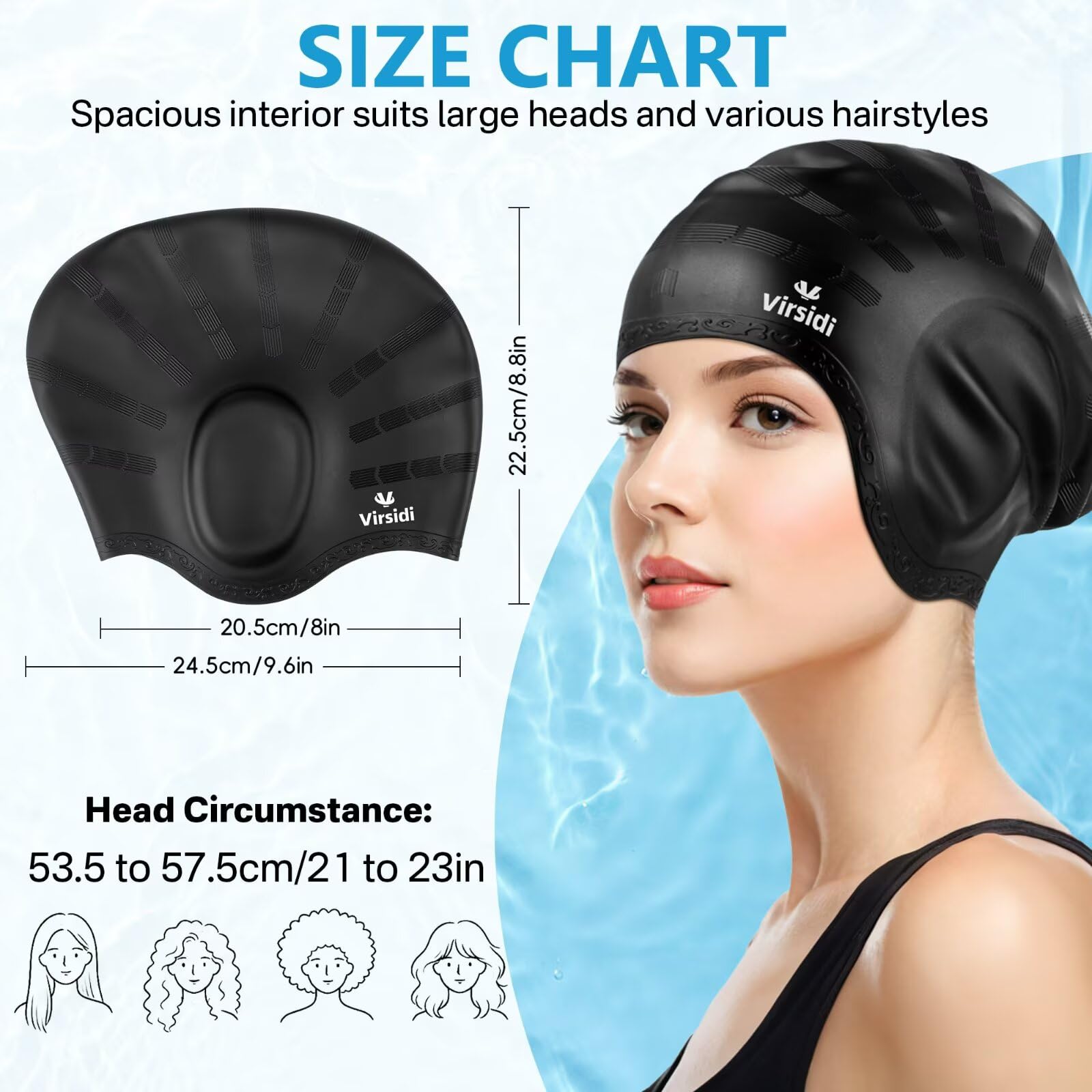 Gorro de natación para cabello largo, gorro de natación de silicona para adultos, mujeres y hombres con protección 3D para los oídos, impermeable, grande, gorros de baño para mantener el