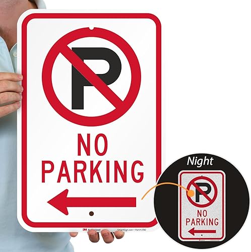 Miniatura 2 de SmartSign Letrero de "No Parking" de 18 x 12 pulgadas con flecha izquierda, aluminio de 63 mil, material reflectante laminado 3M, rojo, negro y