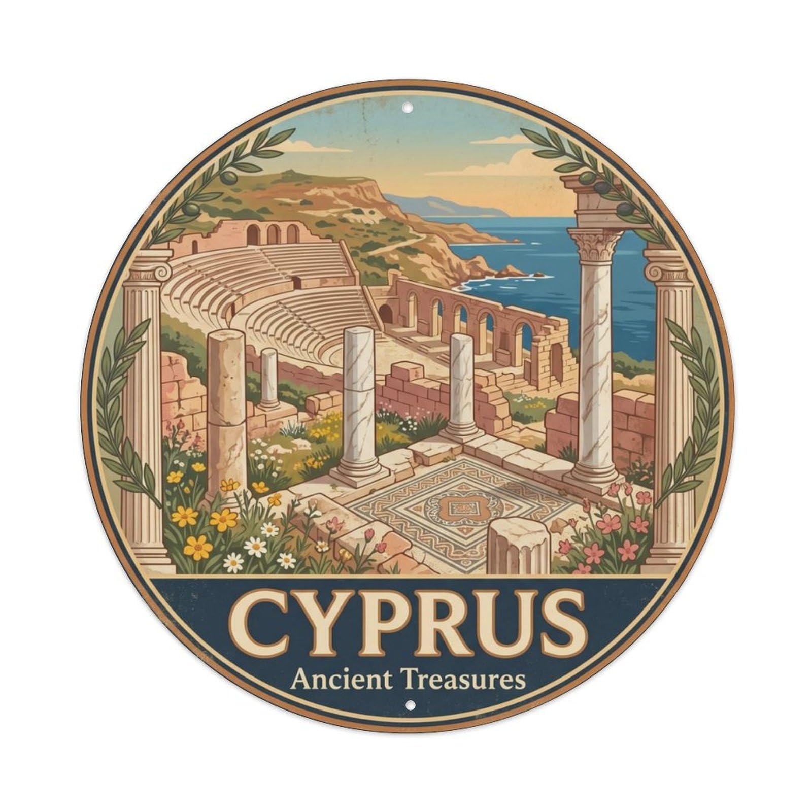 Vintage Travel Cyprus Ruins Ancient Metal Tin Sign Plaque Wall Decor for Cafe, Club, Garden Round Metal Poster 8x8Inch