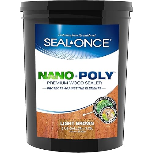 Seal-Once Nano+Poly Penetrating Wood Sealer with Polyurethane - Premium Waterproof Sealant - 5 Gallon & Light Brown