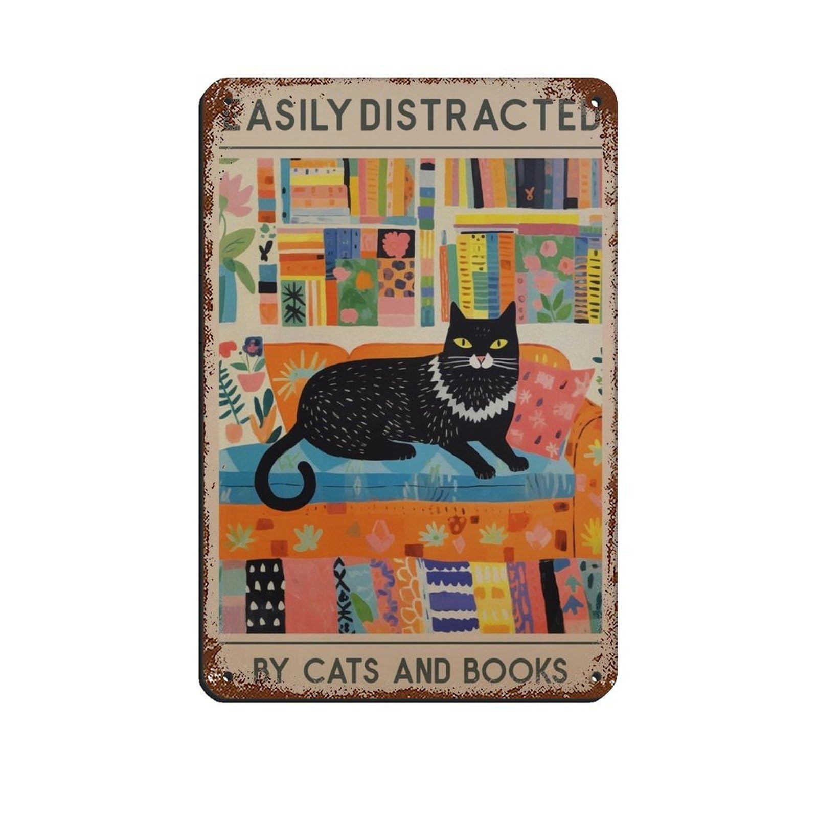 Cat And Books Poster, Vintage Book, Library Poster Tin Sign Vintage Metal Pub Club Cafe Bar Home Wall Art Decoration Poster Retro 8x12inch(20x30cm)