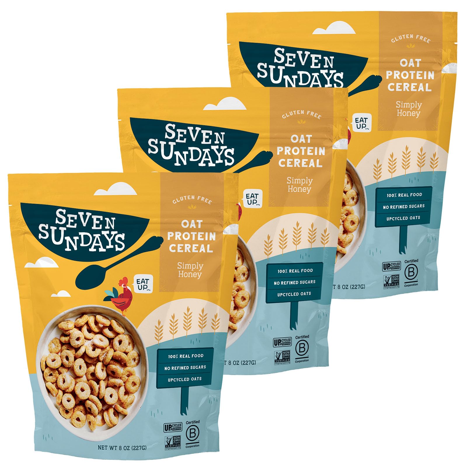 Seven Sundays Cereal, Plant-Based Oat Protein Cereal, 3 Pack (3 × 8 oz Bags, 24 oz Total) Gluten Free Snack with Less Sugar, 5 Grams of Protein, Crunchy Sweet Snack, Simply Honey, Amazon Exclusive
