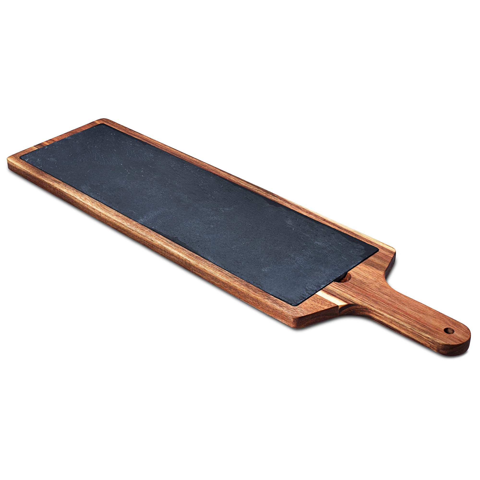 bar@drinkstuff Acacia Wood Serving Board 68 x 18cm – Extra Long Charcuterie & Cheese Platter with Handle and Removable Slate Insert