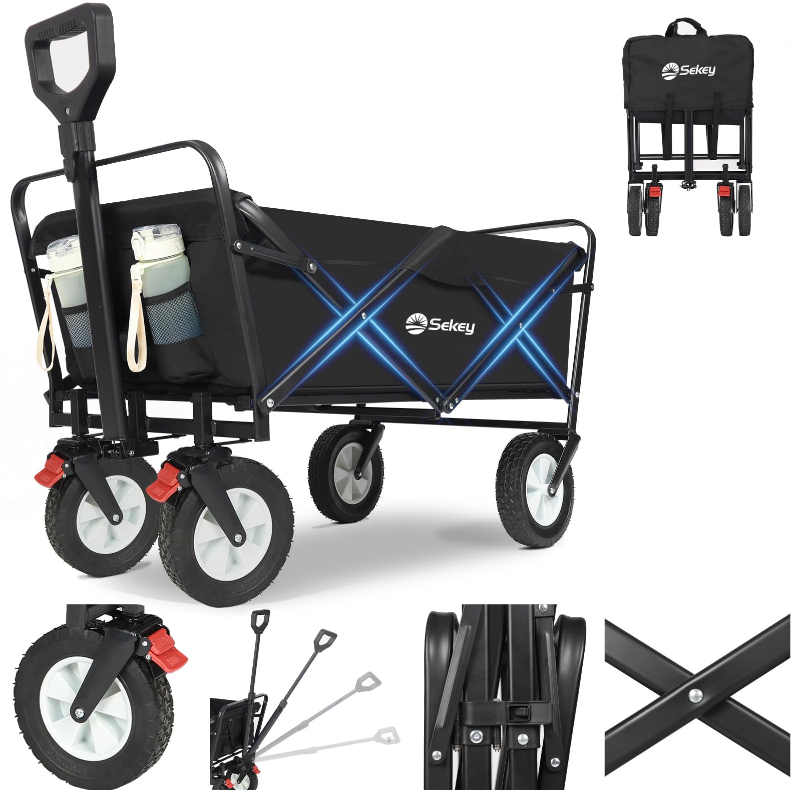 Sekey Chariot de transport pliable en caoutchouc 200 kg pour charge lourde, adapté au terrain, chariot à main pliable, pour la plage, le camping, les enfants, ultra silencieux, caoutchouc plein 100 l,