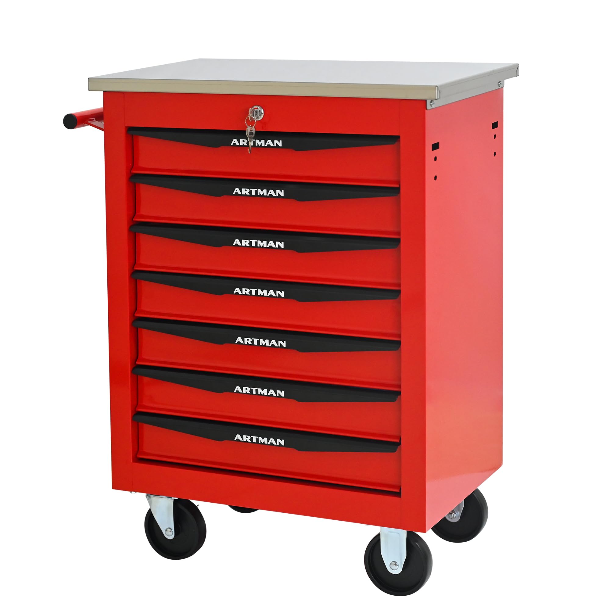 Generisch Carrello portautensili a 7 cassetti in metallo con scivolo a sfera, 4 ruote e serratura a chiave, ideale per garage e officina (56,6 x 34,5 x 78,0 cm, rosso e nero)