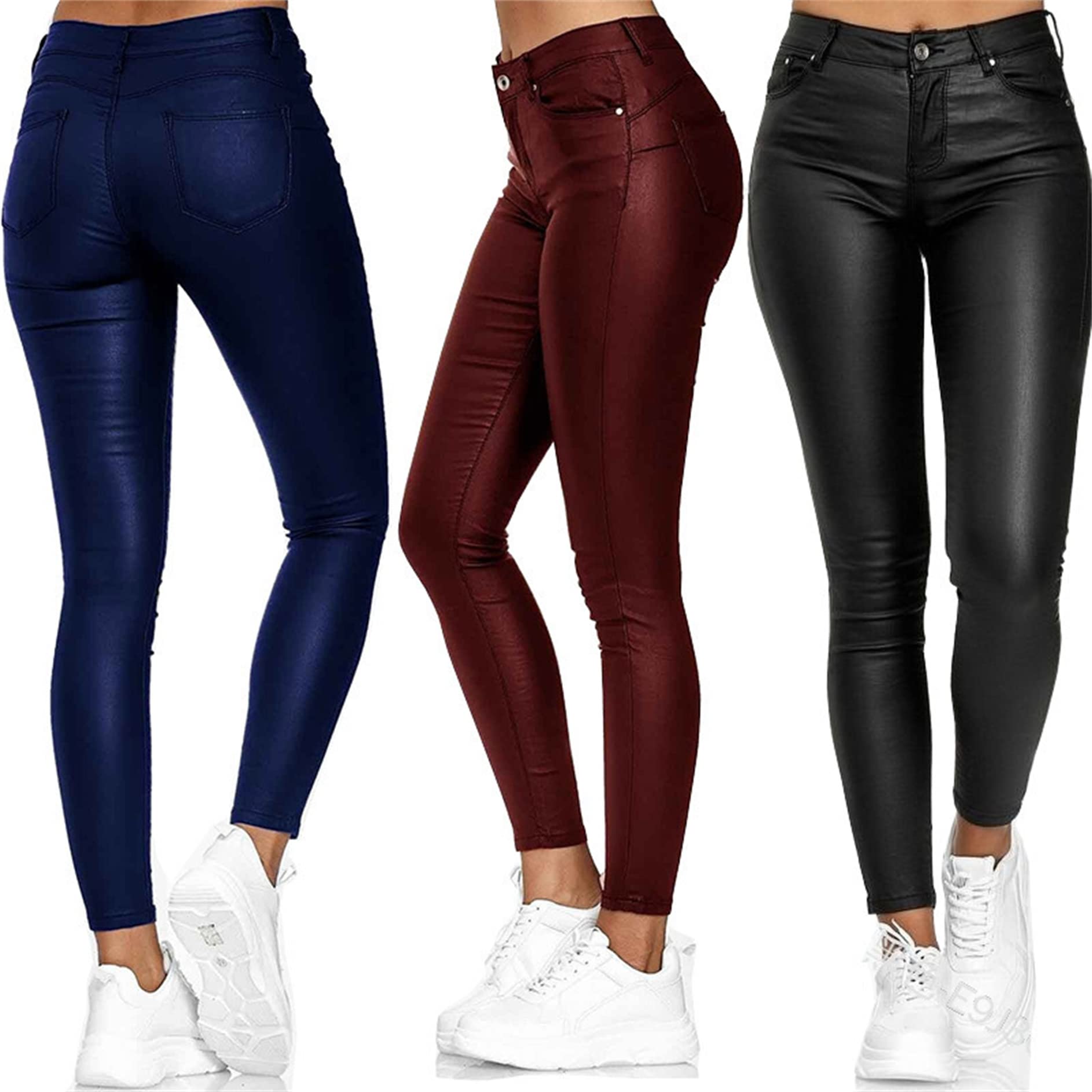 Damskie seksowne spodnie ze sztucznej skóry Push Up stylowe obcisłe legginsy slim fit wyglądające na mokre legginsy ze sztucznej skóry (czarne 3XL)