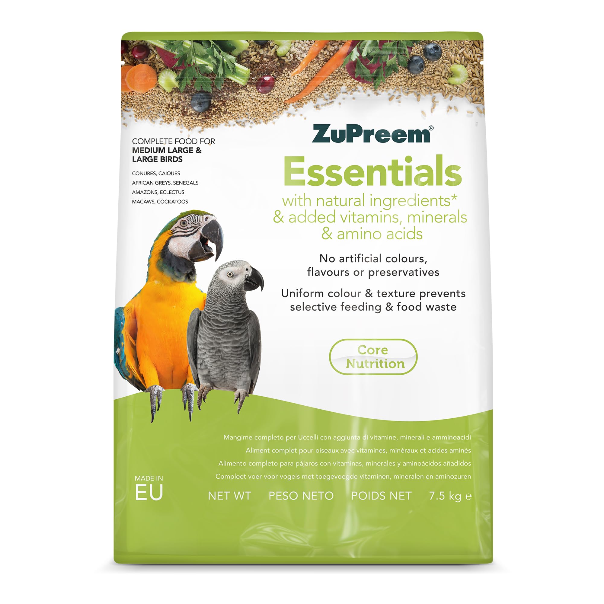 ZuPreem Essentials Cibo per Uccelli da Azienda - Ingredienti Naturali - Mangime per Uccelli Indicato per Pappagalli, Ara, Cacatua, Caiques e Altri Uccelli Medio-Grandi e Grandi - 7,5 kg