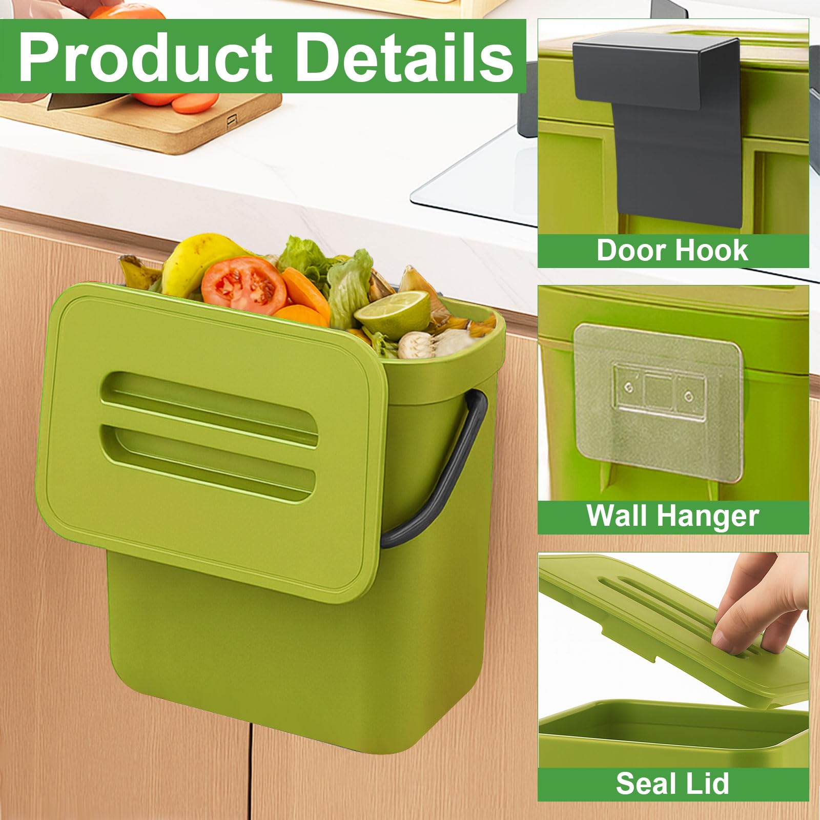 Pattumiera da Cucina 3L, Mini Biomülleimer per Cucina, Pattumiera Biomulle Sospesa, Piccolo Cestino per Rifiuti per Piano di Lavoro, Contenitore con Coperchio, Composter per Cucina, Casa