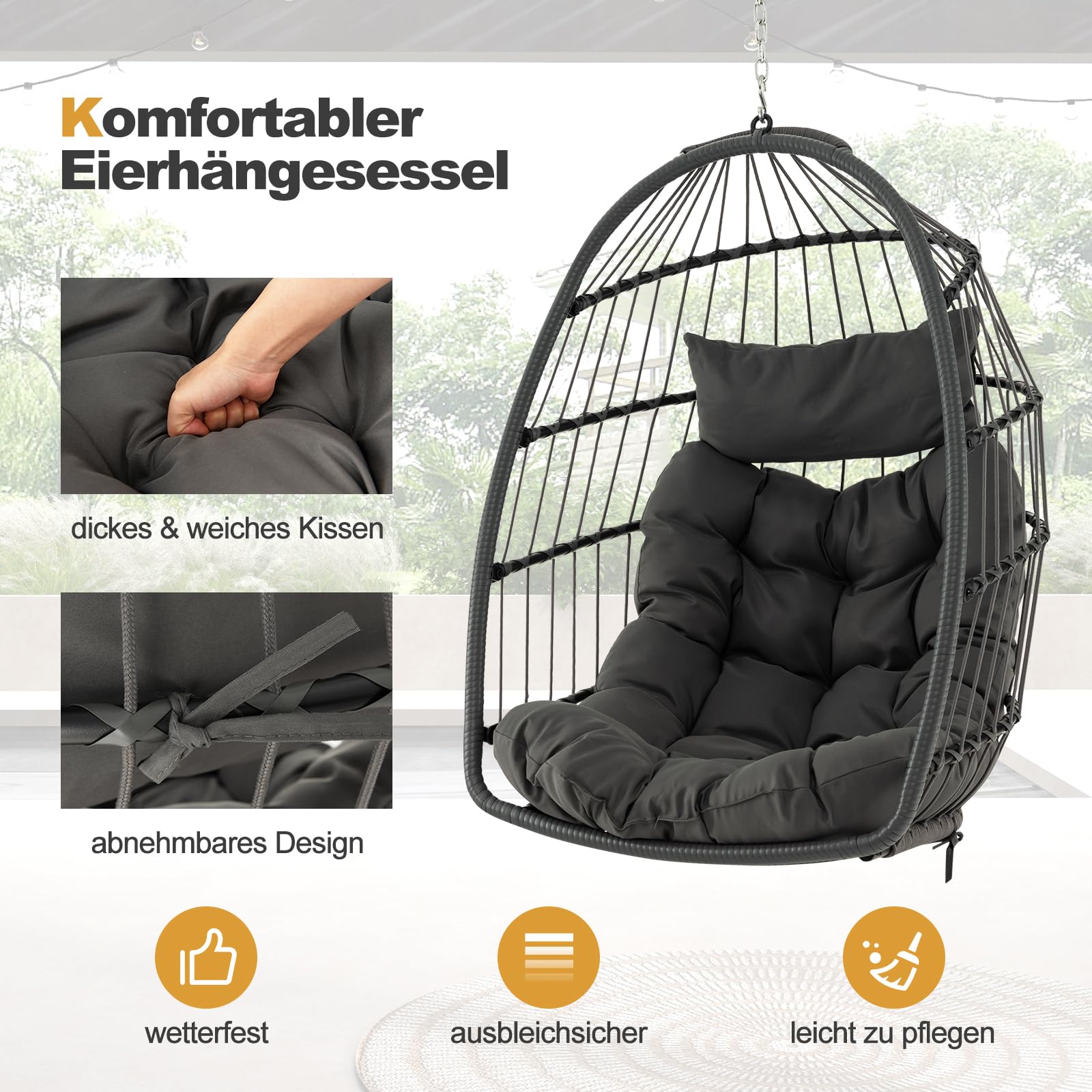 DREAMADE Hängesessel mit Sitzkissen & Kopfstützkissen, klappbarer Hängekorb Hängestuhl Hängesitz Hängeschaukel für Indoor, Outdoor Schaukel Hängestuhl für Kinder und Erwachsene Grau