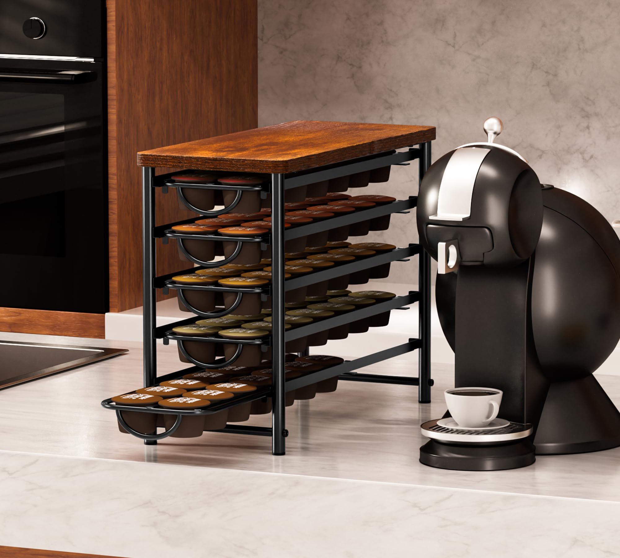 Soporte para cápsulas de café de 5 niveles para Dolce Gusto, capacidad de 70 cápsulas, almacenamiento de cápsulas de metal con parte superior de madera, organizador de cápsulas de café antideslizante