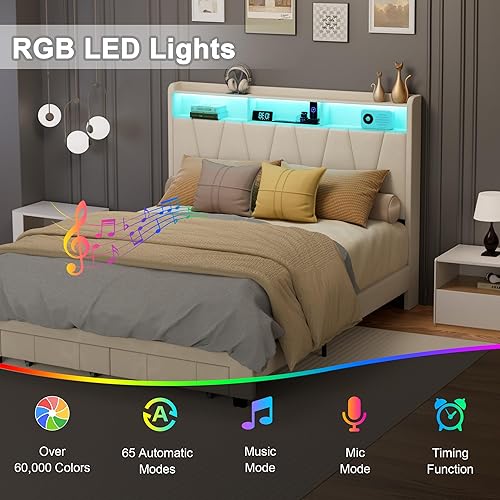 Miniatura 3 de Base de cama Queen con plataforma LED tapizada de terciopelo con almacenamiento de cabecero, cama Queen con estación de carga integrada con 2
