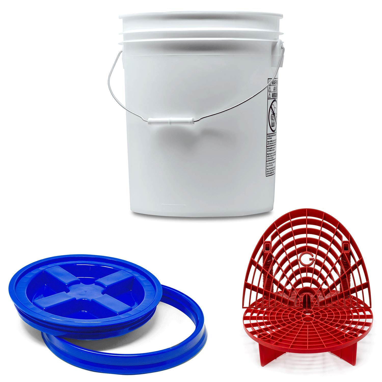 Detailmate professionelles Wasch Eimer Set: Magic Bucket Wascheimer 5 GAL (ca. 20 Liter), Gamma Seal Eimerdeckel blau, GritGuard Schmutz Einsatz rot, GritGuard Washboard rot