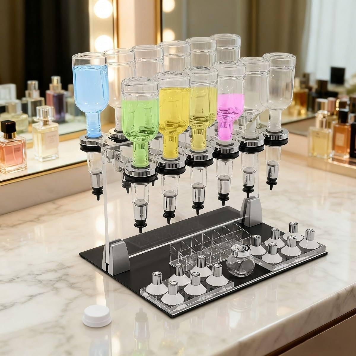 Zestaw z ręcznym dozownikiem perfum do barów, 12-butelkowa maszyna do napełniania perfum, 200 ml maszyna do napełniania perfum, z 12 głowicami pompowymi, do barów, salonów i sklepów