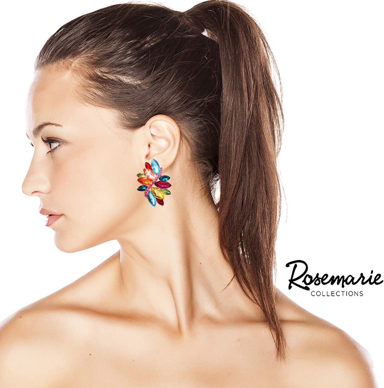 Rosemarie Collections Women's Dazzling Crystal Marquis Leaf Cluster Statement Clip On Earrings, 1.87"
