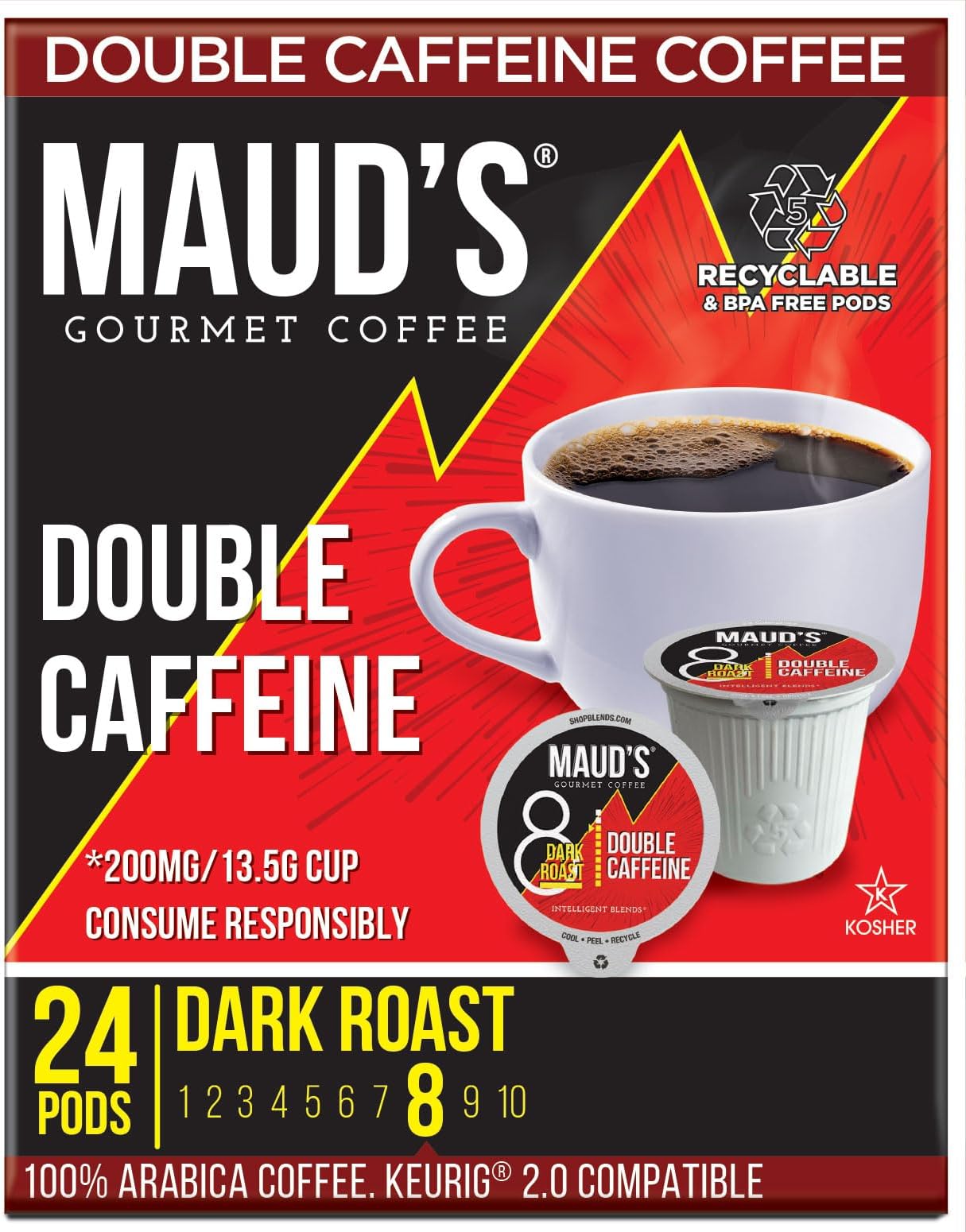 Maud's Double Caffeine Coffee Pods, 24 ct, Dark Roast Coffee in Single Serve Pods – 100% Arabica Coffee, Compatible with Keurig K Cups Maker