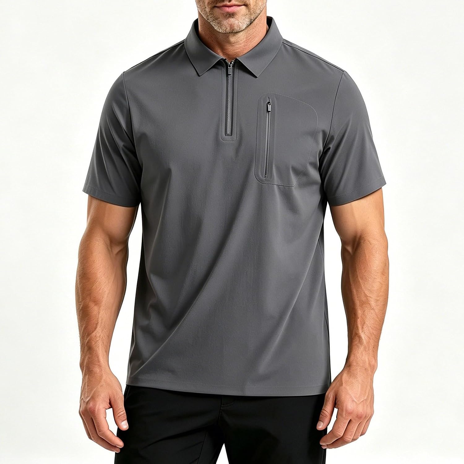 Men's Quarter Zip Shirt Short Sleeve Golf Shirt with Pocket | Quarter Zip Collar, Zipper Chest Pocket, Short Sleeve Fit, Lightweight Stretch Feel, For Golf, Travel, Work, And Daily Wear