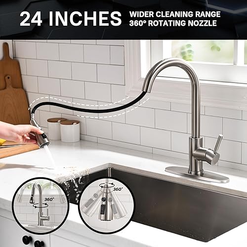 Vista 35 de WEWE Grifo de cocina en cascada con rociador extraíble, 3 modos (barrido/corriente/cascada) modo de interruptor giratorio, grifo de fregadero