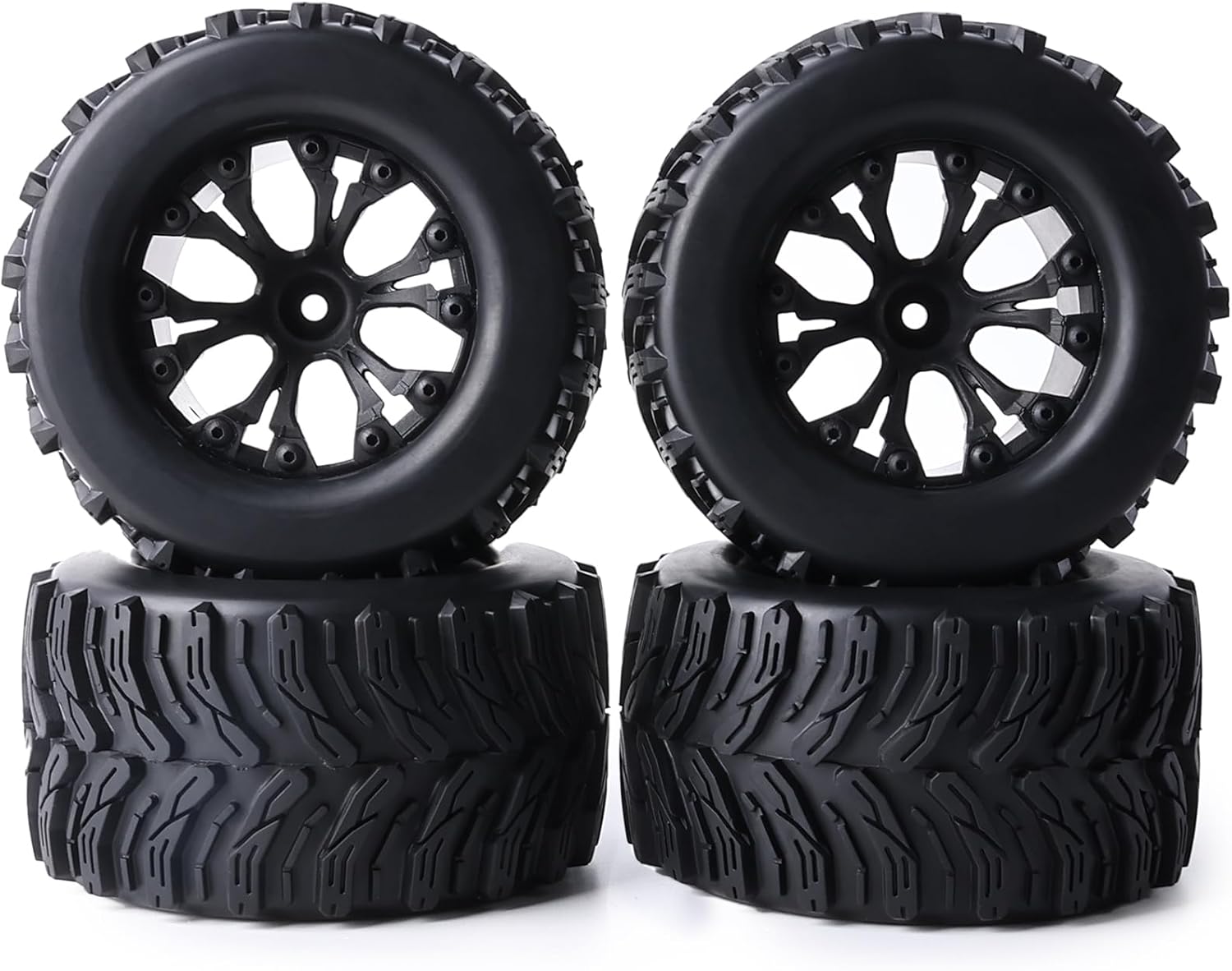 Preglued 12mm Hex RC Truck Tires and Wheels 1/10 Scale RC Monster Truck Wheels Tires 2.8" MT Tyres for Traxxas Rustler Stampede 2WD 4x4 VXL Hoss E-Revo Redcat Volcano EPX Riaario Amoril