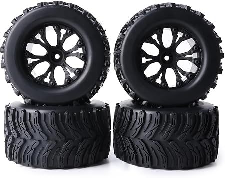 Preglued Larger 12mm Hex RC Truck Tires and Wheels 1/10 Scale RC Monster Truck Wheels Tires 2.8" MT Tyres for Traxxas Rustler Stampede 2WD 4x4 VXL Hoss E-Revo Redcat Volcano EPX Riaario Amoril