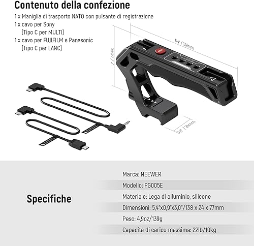 Miniatura 10 de NEEWER Mango superior NATO con botón de grabación, agarre de silicona cómodo con abrazadera QR NATO, orificio de localización ARRI de 38 pulgadas,