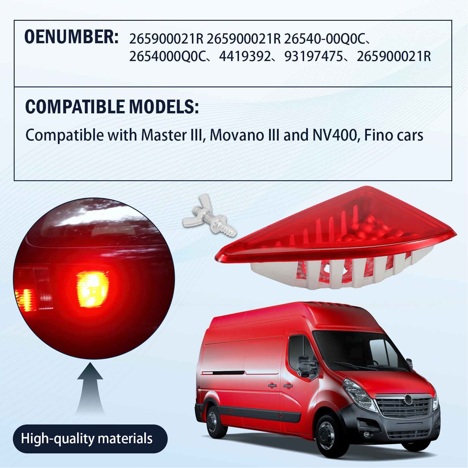 Terza Luce di Freno Stop Luce Freni Rosso Compatibile con NV400 Master Movano 265900021R