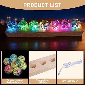 7Pcs Colorful Crystal Healing Spheres LED Wooden Stand(Ice Cracks)