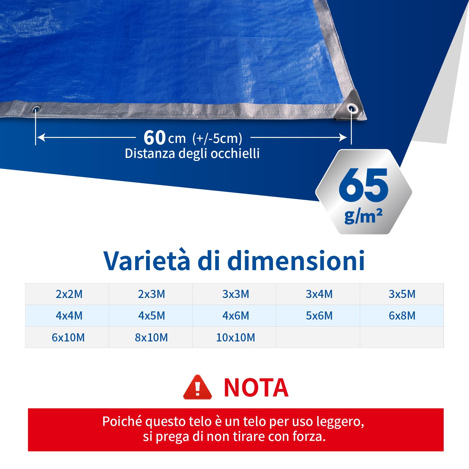 Telone Occhiellato Leggero Argento/Blu Antistrappo Impermeabile Antivento e Resistente ai Raggi UV per Auto,Camion,RV,Casa,Tenda,Barca,Piscina Telo 65g/m² （3x5）