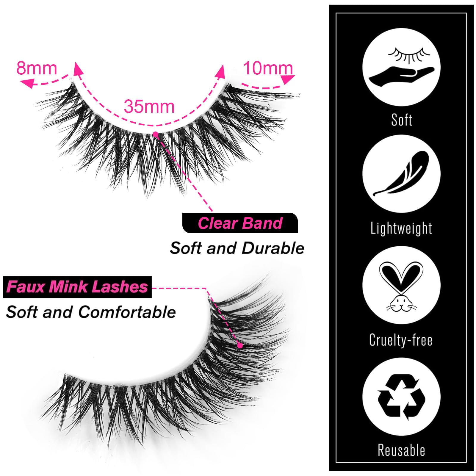 SY SHUYING Premium Faux Mink Eyelashes, 8mm/10mm Mixed Lengths, Soft Clear Band, Lightweight & Reusable, Cruelty-Free - Image 3