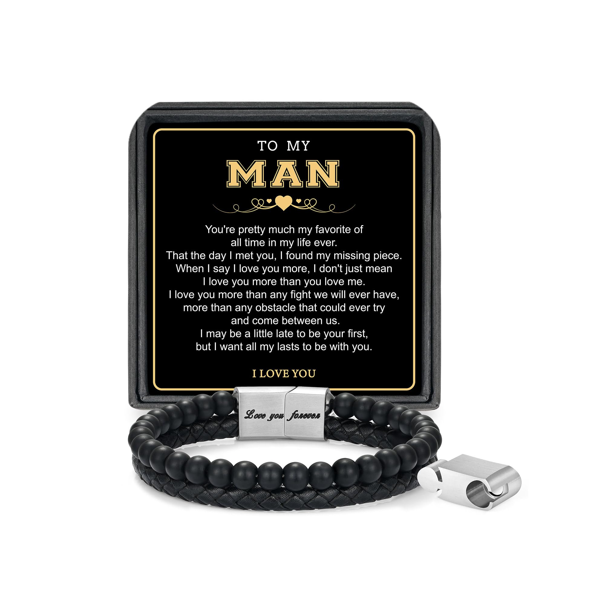 LUXEJEW Gifts for Men - Beaded Leather Bracelet 6mm Matte Agate Stone Bracelets for Men Dad Son Husband Boyfriend Grandpa Grandson Brother Uncle