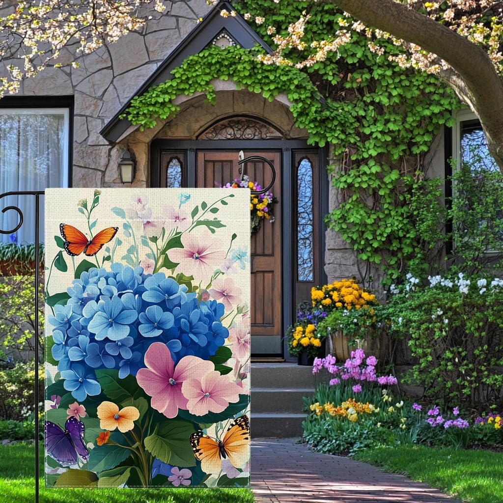 Spring Summer Hydrangea Flowers Garden Flag 12x18 Inch Double Sided Butterfly Colorful Floral Yard Outdoor Flag House Holiday Outside Decoration - Image 2