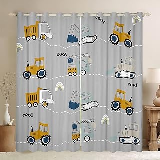Construction Curtains for Bedroom Kids Equipment Trucks Blackout Curtains Cartoon Car Excavator Tractor Darkening Dreapes Rinbow Grey Construction Vehicles Window Treatments (2 Panels, 42 x 84 Inch)