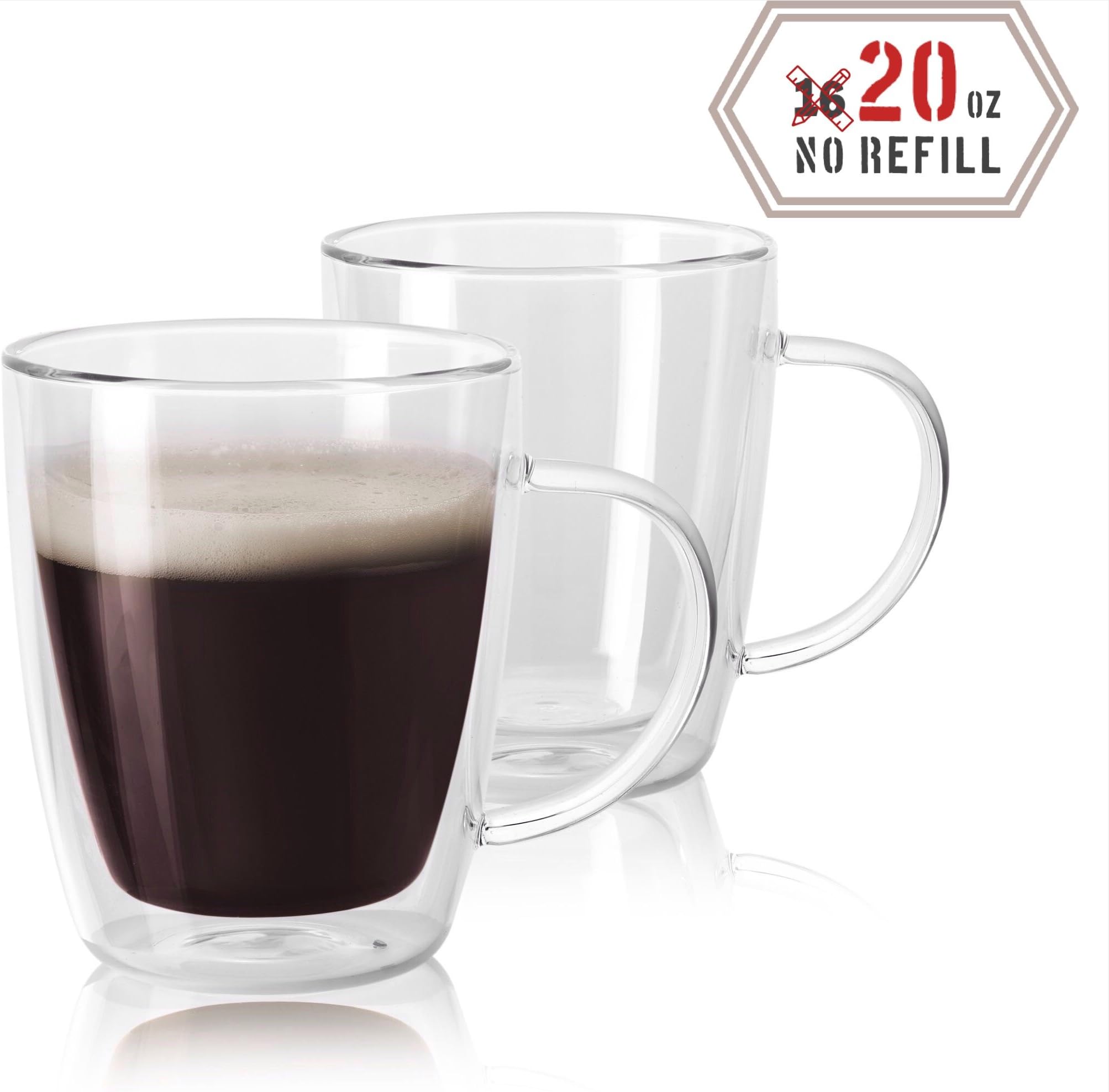 Amor Home 16oz Extra Large Coffee Mugs, Double Wall Insulated Glass, Set of 2
