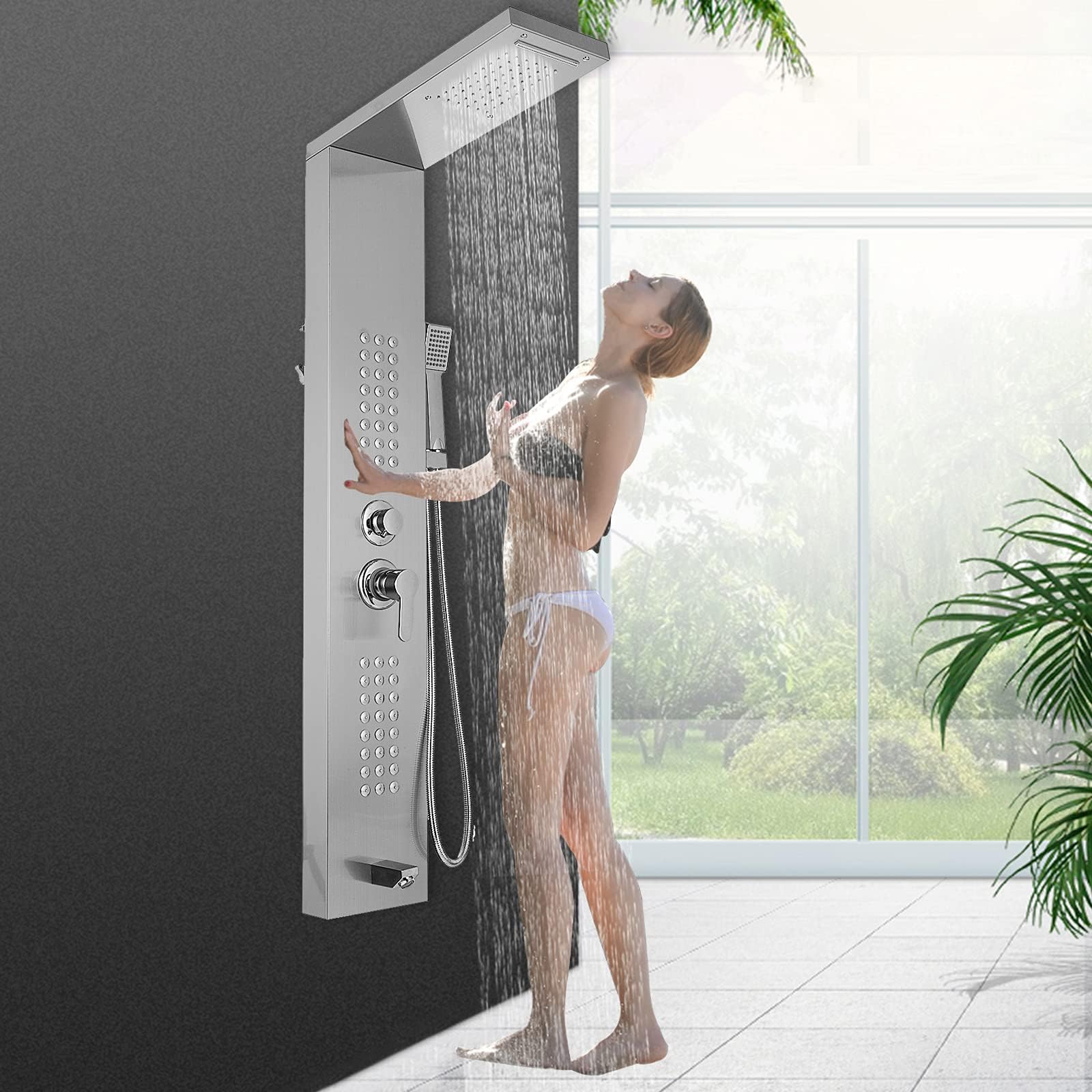 VEVOR 5 in 1 Shower Panel System,Unitary Type Waterfall Rainfall Shower Panel,Stainless Steel Bathroom Shower Mixer,Shower Column Panel Faucet Rain Massage System with Body Jets (Silver Polished)