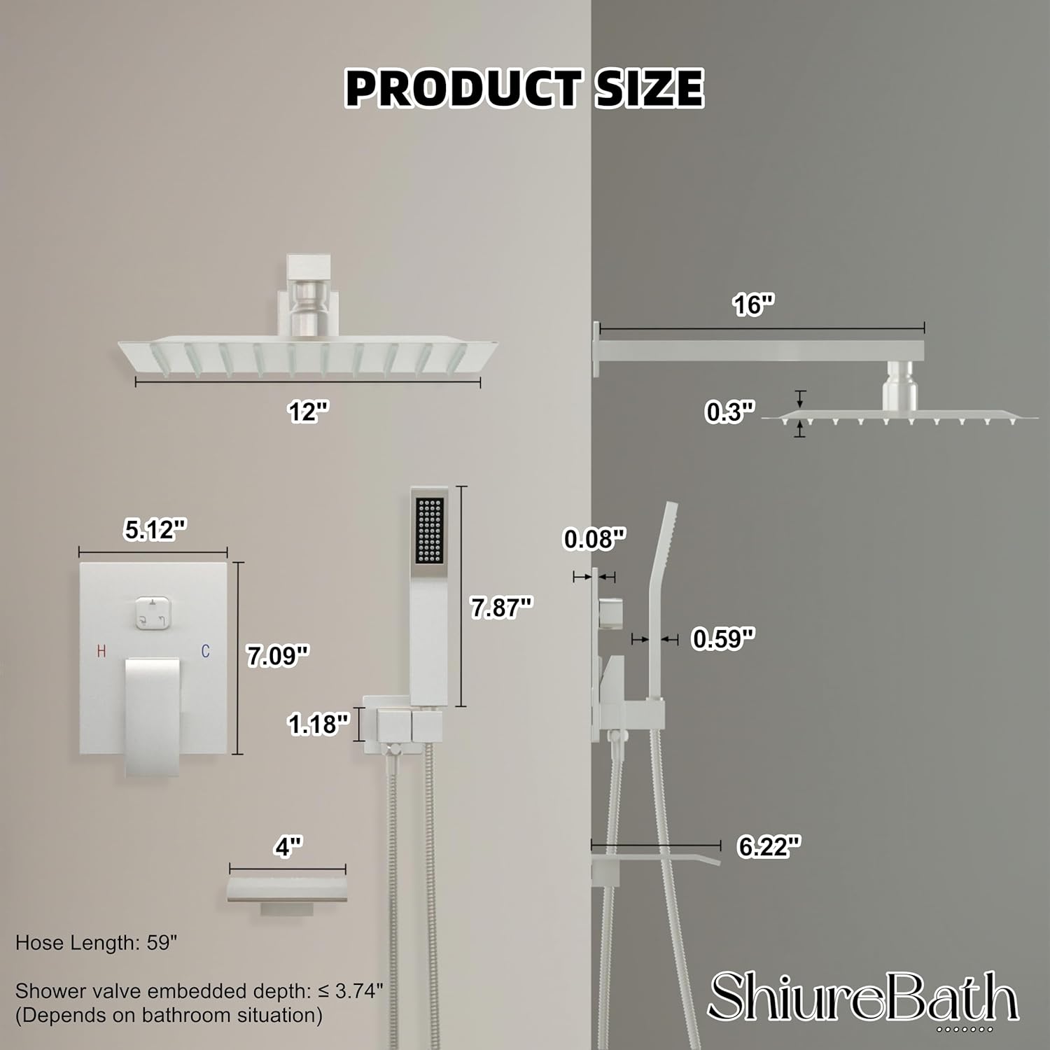 Detailed product dimensions of the ShiureBath shower system components
