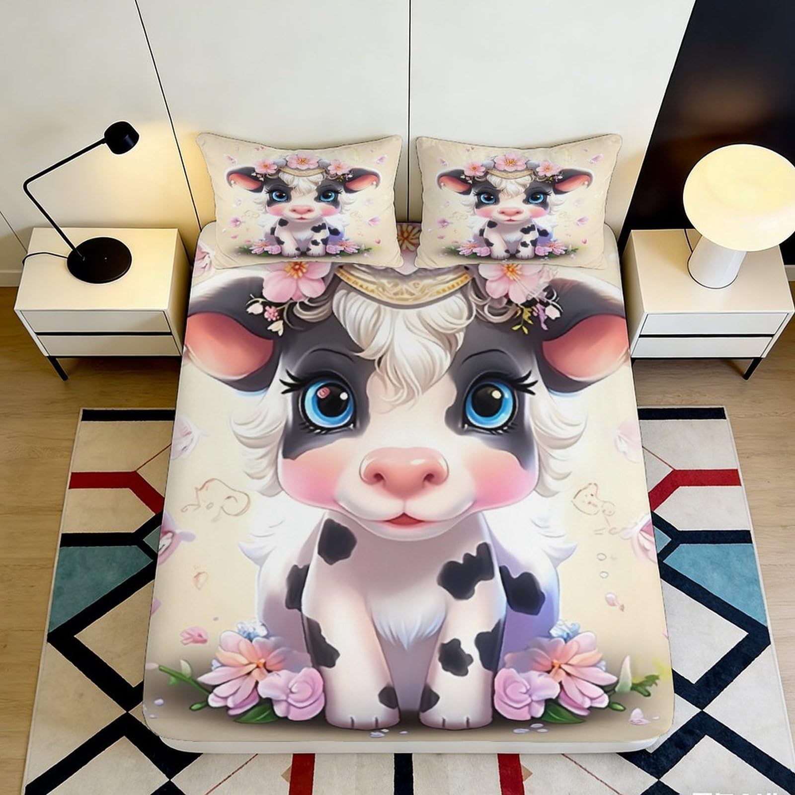 3D Printed Cute Cow Fitted Sheet Microfiber Soft Anti-Slip Cartoon Calf Bed Cover for Bedroom Guest Room Decor 90x200x25cm