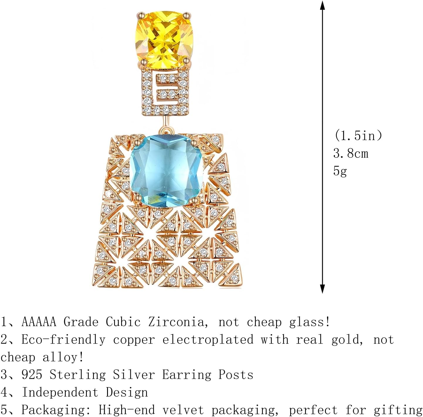 S925 Sterling Silver Posts Square Crystal Dangle Earrings for Women Drop Cubic Zirconia Statement Earrings Fashion Jewelry Gift for Wedding Prom Party - Image 4