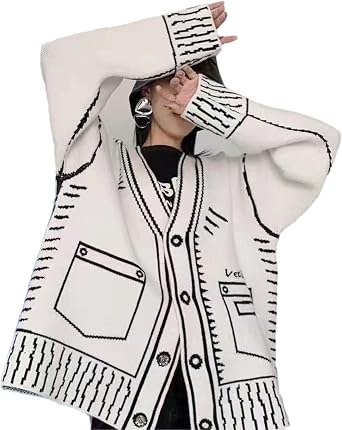 Women Print Graffiti Unique Cardigan Sweater Y2k Fake Pocket Long Sleeve Button Up Open Front Knit Sweaters Coat