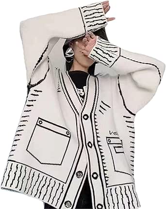Women Print Graffiti Unique Cardigan Sweater Y2K Fake Pocket Long Sleeve Button-Up Knit Sweater Coat