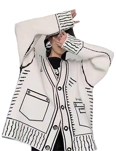 Shebote Women Print Graffiti Unique Cardigan Sweater Y2k Fake Pocket Long Sleeve Button Up Open Front Knit Sweaters Coat - White - Medium