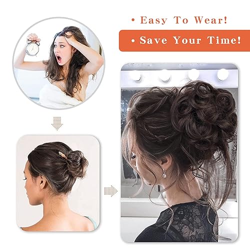 Miniatura 5 de FORCUTEU Juego de 5 piezas de cabello desordenado con moño despeinado, extensiones de cabello rizado desordenado, coleteros con banda elástica,