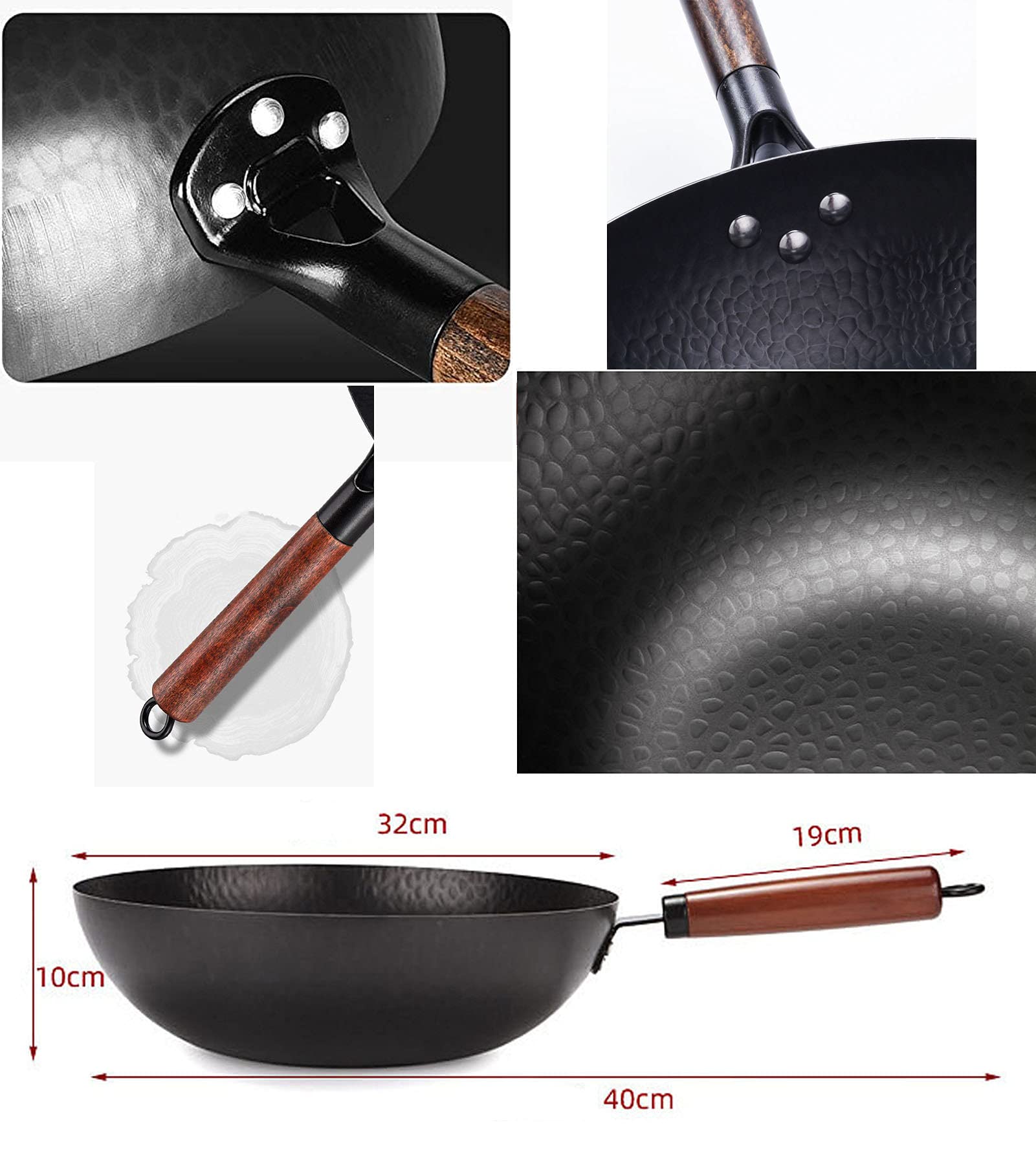 Wok tradizionale in acciaio al carbonio martellato a mano 12,6 pollici / 32 cm con manico in legno rimovibile e coperchio in legno