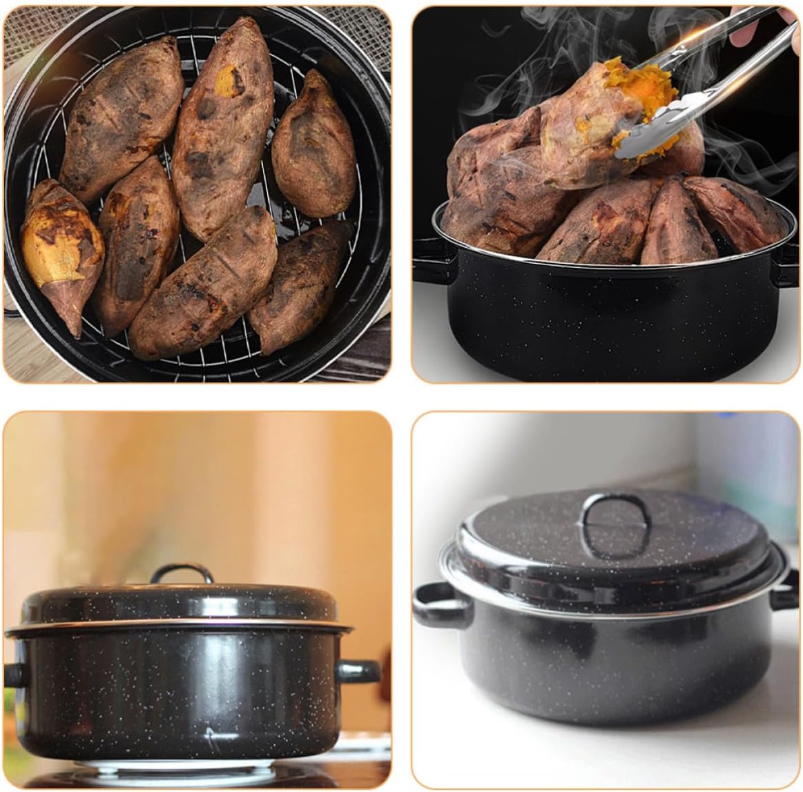 Black Enamel Roasting Pan with Lid, Iron Cooking Pot for Bbq