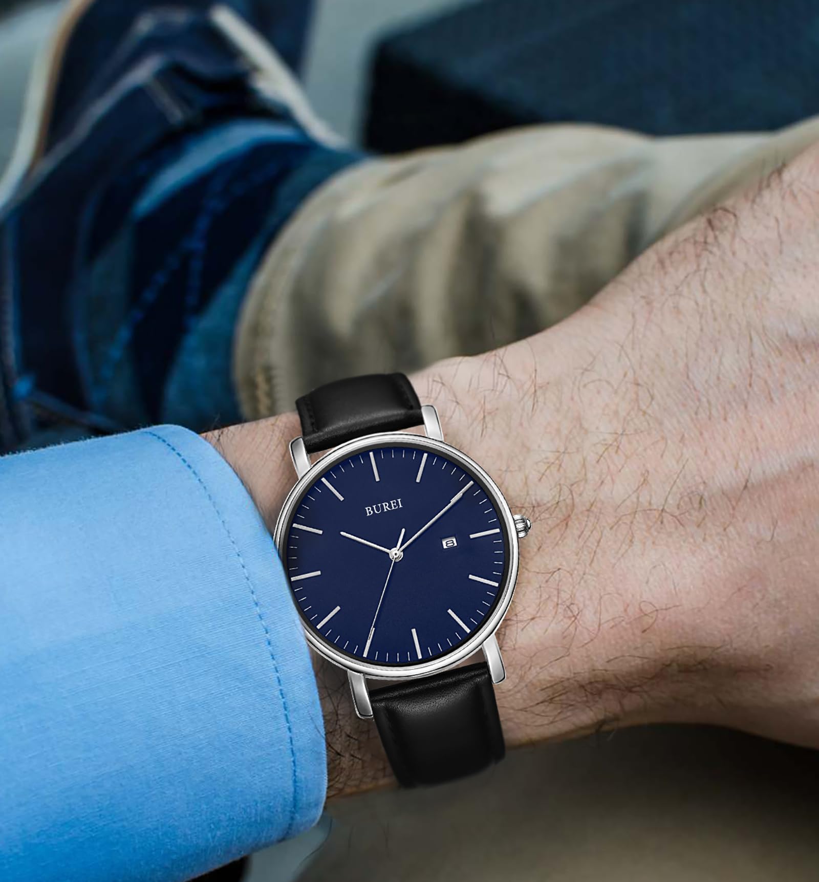 BUREI Orologi al quarzo da uomo, orologio minimalista da uomo, analogico, impermeabile, con data