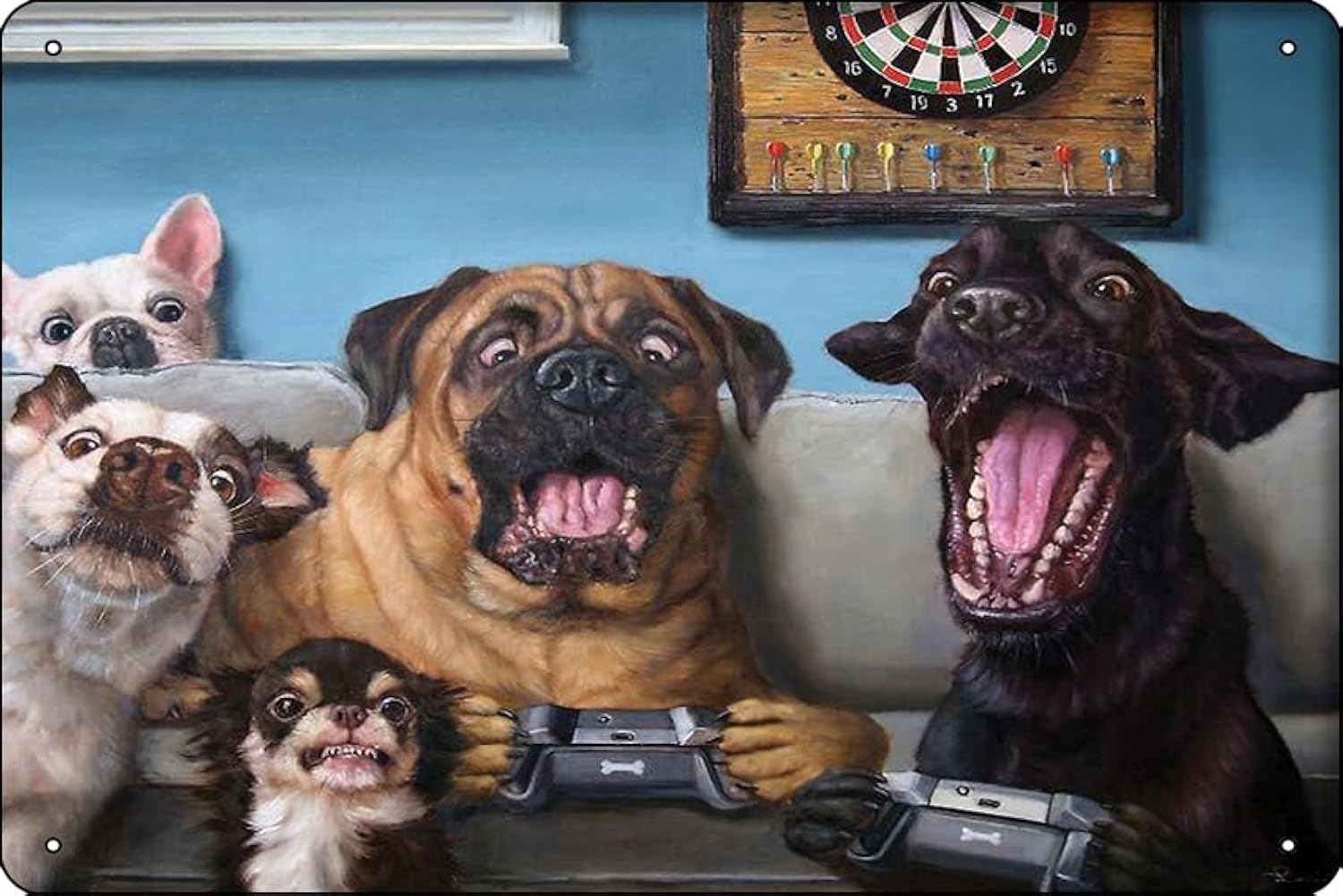 Dogs Playing Video Games Livingroom Pet Portrait Metal Print 8 x 12 Inch Funny Metal Tin Sign Game Room Man Cave Wall Decor