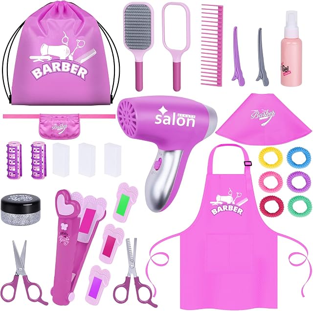 Gifts2U 26 Pcs Kids Hairdressing Set Realistic Girl Beauty Salon Playset Hair Styling Set with Blow Dryer, Barber Costume Apron, Scissors and Stylist Accessories