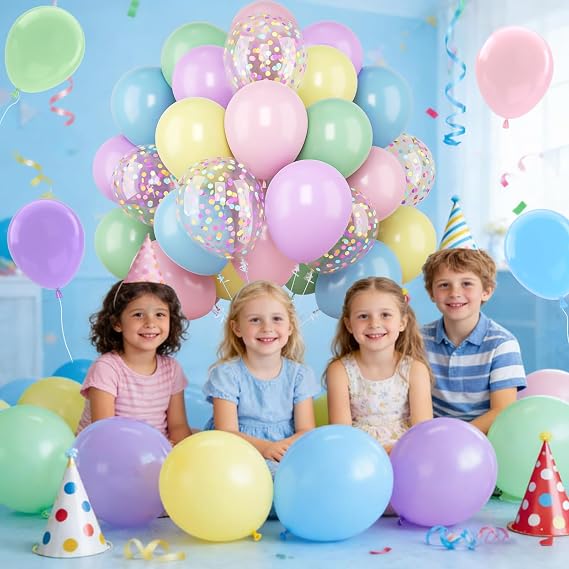 Pastel Balloons- 60Pcs Macaron Pink Blue Yellow Green Purple Latex Balloon With Confetti Ballon, Helium Balloon For Easter Birthday Engagement Princess Party Baby Shower, 12 Inch