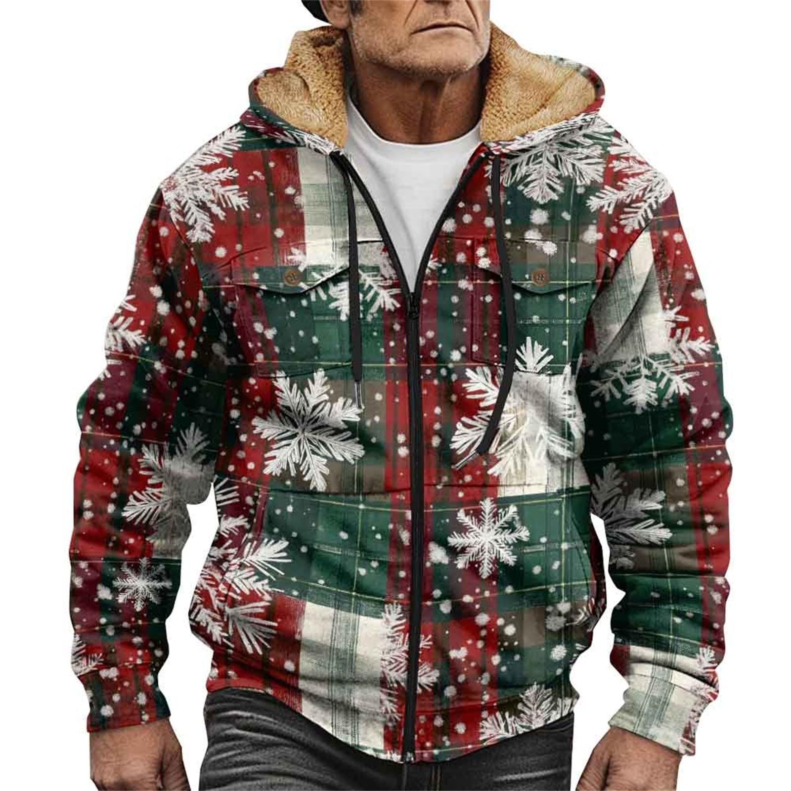 Chaqueta de Navidad para hombre, divertida, diseño navideño, abrigo de invierno para hombre con forro cálido, sudadera de Navidad con cremallera, sudadera de Navidad con capucha, estampado multicolor,